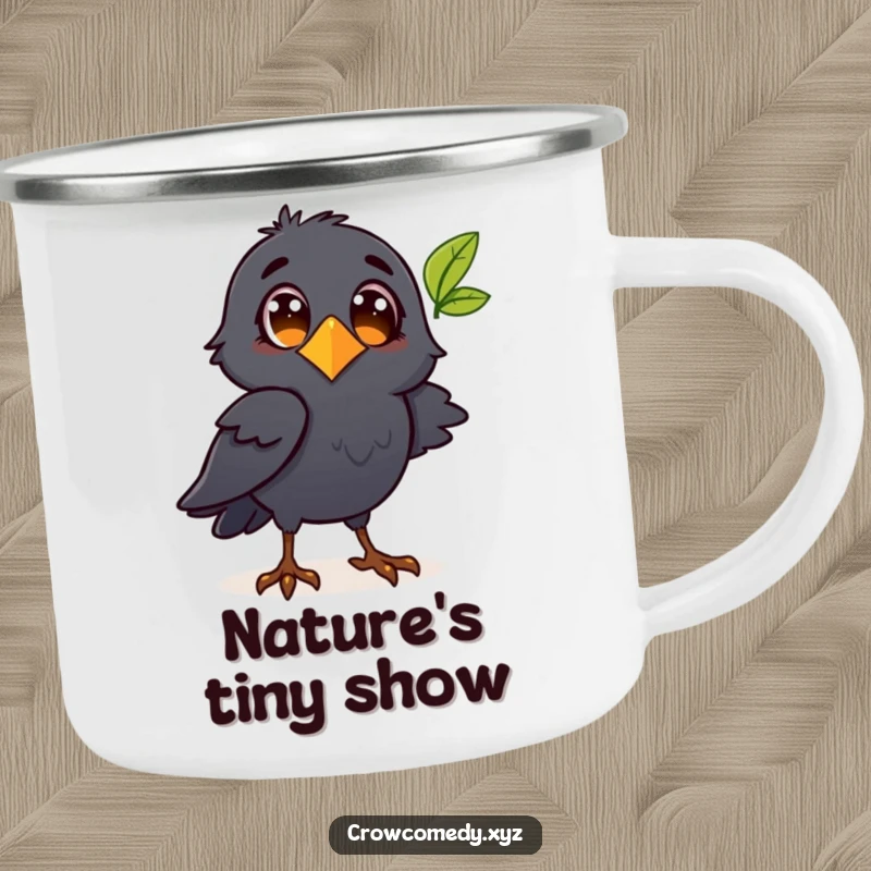Funny crow character observing a leaf on a camping mug, perfect for outdoor enthusiasts who love nature.