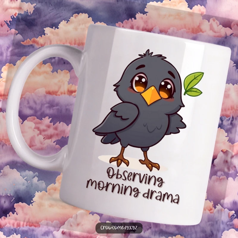 Funny crow character observing a fluttering leaf with wide, curious eyes on a delightful mug.