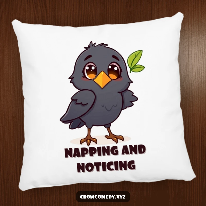 Funny crow character observing a leaf on a soft pillow, perfect for cozy comfort and a curious spirit.