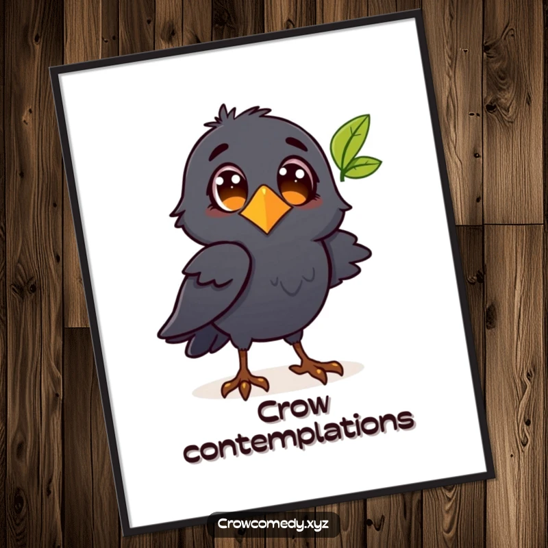 Funny crow character observing a leaf in printable digital art, bringing natural curiosity.
