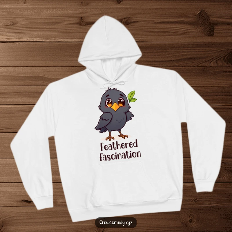 Funny crow character observing a leaf on a cozy hoodie, perfect for comfort and a curious mind.