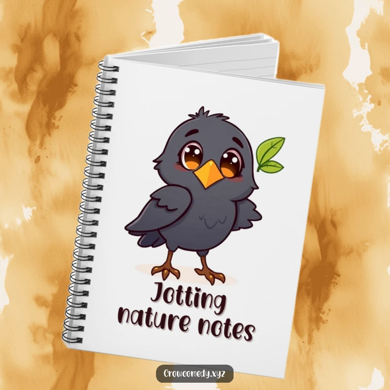 Funny crow character observing a leaf on a notebook cover, inspiring curious thoughts and creative writing.